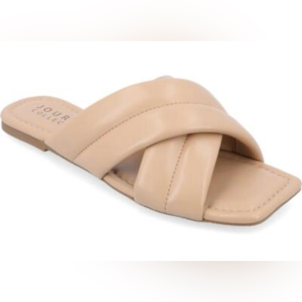 Journee Collection Womens Divyah Faux Leather Slip On Slide Sandals.